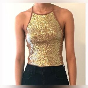 Express Women's Sequin Embellished  Stretch Cropped Halter Tank Top Tan Size M